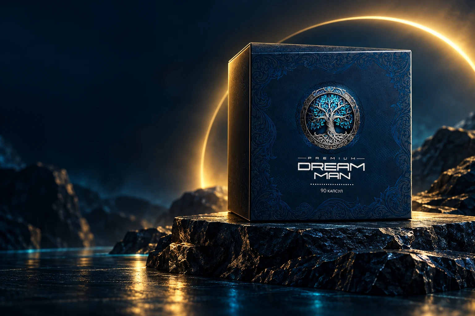 Dream Man Premium haqiqiy mahsulot qutisi — daraxt belgisi va 90 kapsula yozuvi