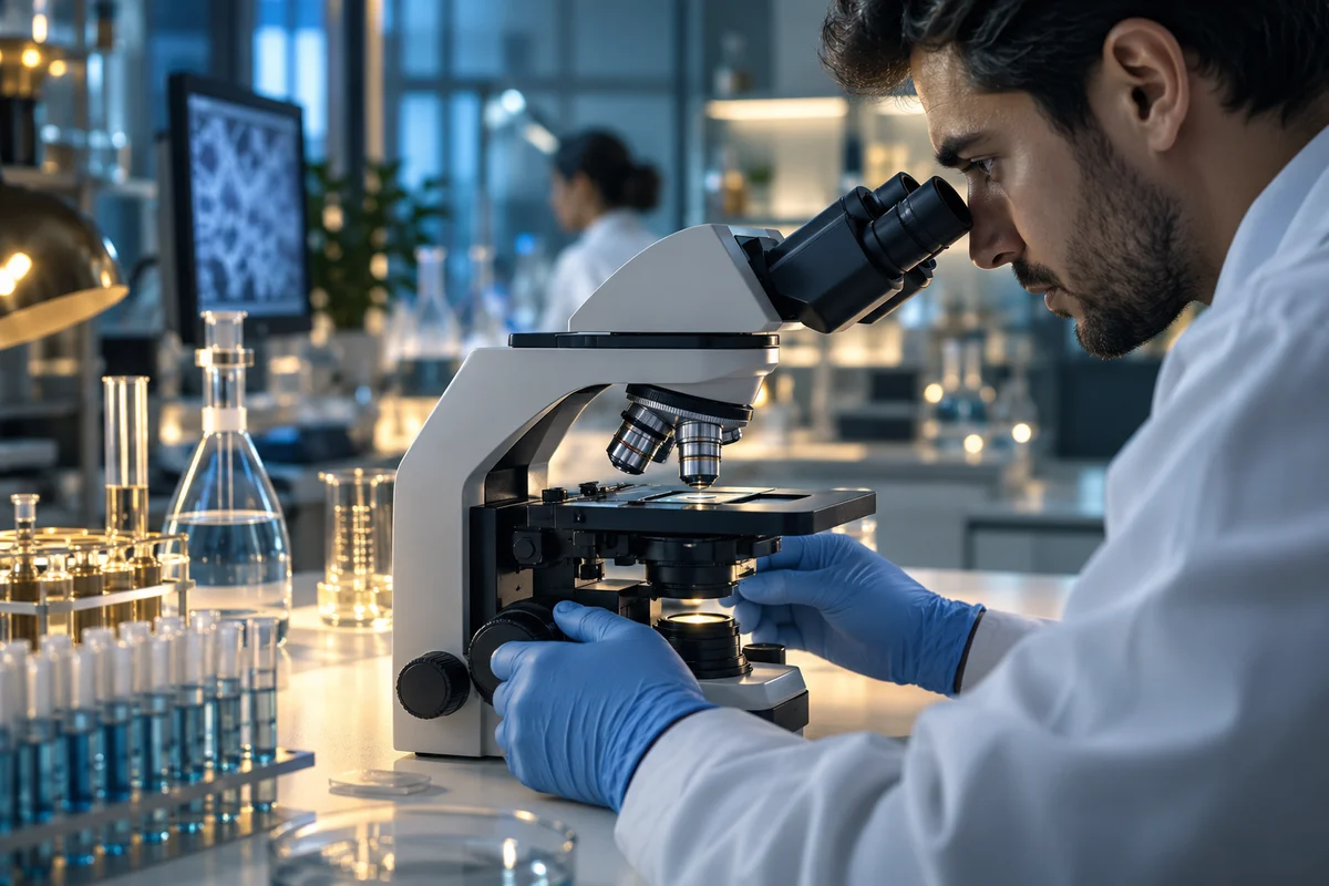 Mikroskop va laboratoriya xodimi aks etgan mavzuga oid illustrativ tasvir